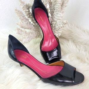 KATE SPADE BLACK PATENT LEATHER KITTEN HEEL OPEN TOE PUMPS SZ 7.5B